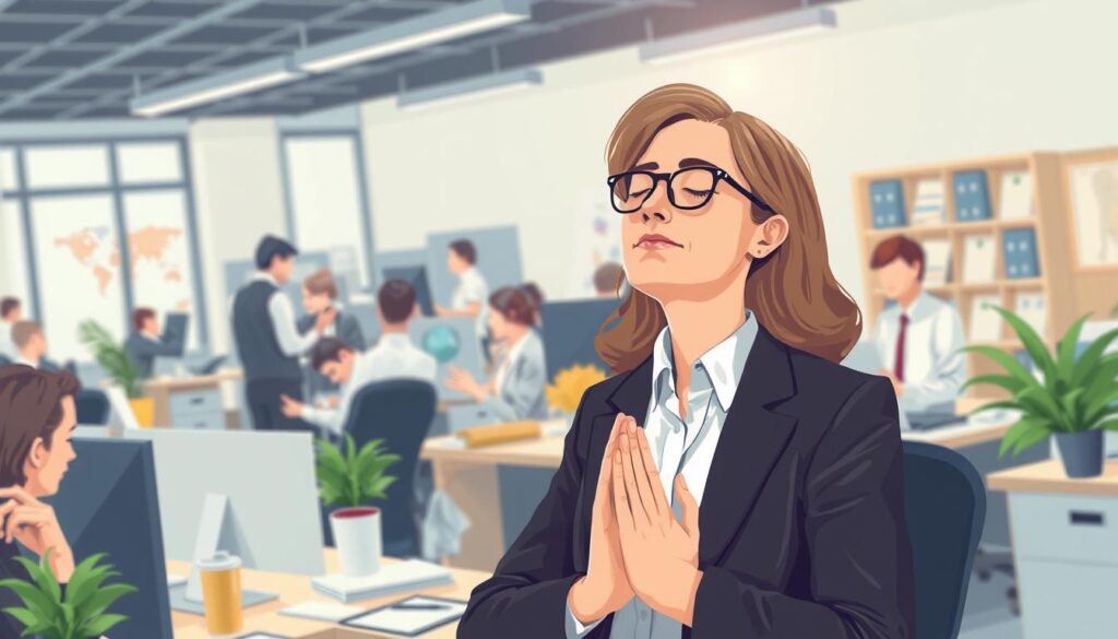 Image of a professional practicing mindfulness in a busy office setting