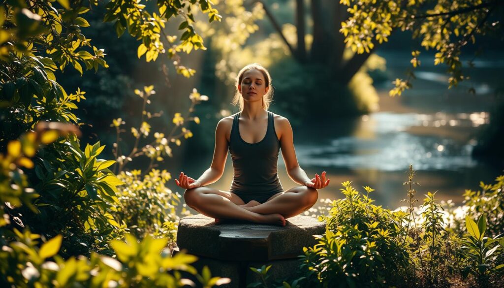 Meditative figure in a serene natural setting, bathed in soft, diffused natural light. A person sits cross-legged on a rock or wooden platform, eyes closed, hands resting gently on their lap, exuding a sense of calm focus and tranquility. Lush, verdant foliage surrounds the figure, with a serene body of water or gentle stream in the background, reflecting the sky above. Warm, earthy tones predominate, creating a soothing, peaceful atmosphere. The composition is balanced and harmonious, guiding the viewer's gaze towards the central meditative figure.