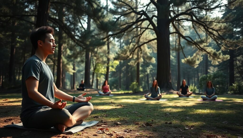 Peaceful meditation techniques unfold amidst a serene natural setting. A tranquil forest glade is illuminated by soft, diffused natural lighting, casting a calming glow. In the foreground, an individual sits cross-legged, eyes closed, palms resting gently on their lap, embodying a state of deep, introspective focus. The middle ground reveals other practitioners engaged in various meditative postures, their movements fluid and graceful. In the background, towering trees sway gently, their branches casting dappled shadows, creating a sense of harmony and connection with the natural world. The overall atmosphere is one of profound stillness, inner peace, and mindful contemplation.