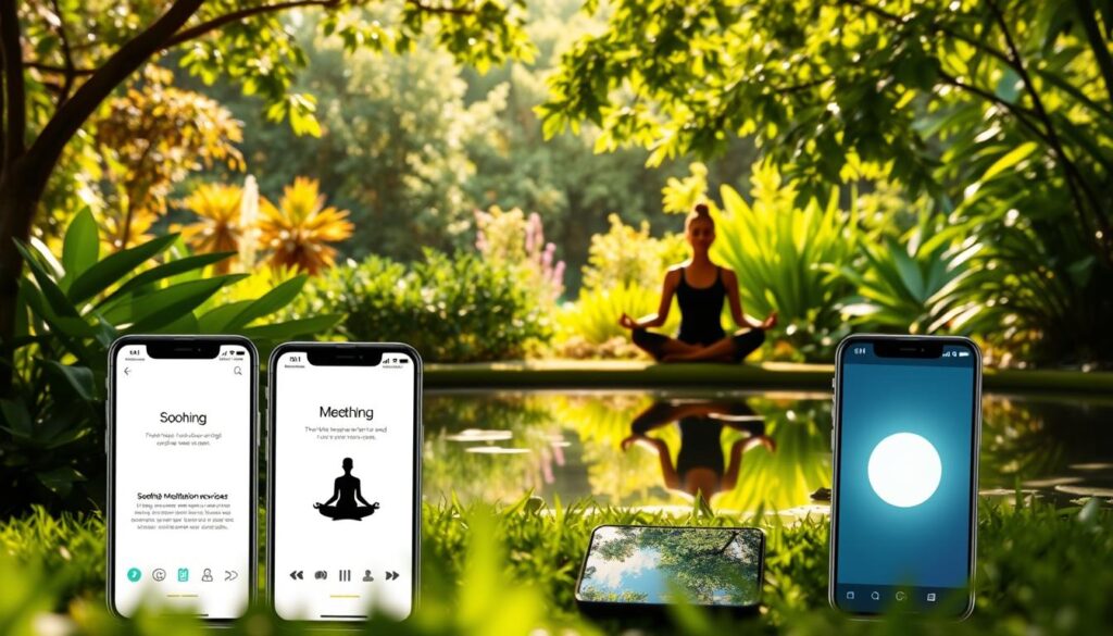 Serene digital landscape of meditation apps on various mobile devices, seamlessly blending with the natural world. A foreground of sleek, intuitive app interfaces showcasing soothing meditation exercises, complemented by a middle ground of meditating figures silhouetted against a vibrant, sun-dappled garden. In the background, lush foliage and a tranquil pond, reflecting the calming, natural atmosphere. Soft, natural lighting illuminates the scene, creating a sense of harmony and mindfulness. The overall composition conveys the integration of modern technology and timeless meditation practices, inspiring a tranquil and rejuvenating experience.