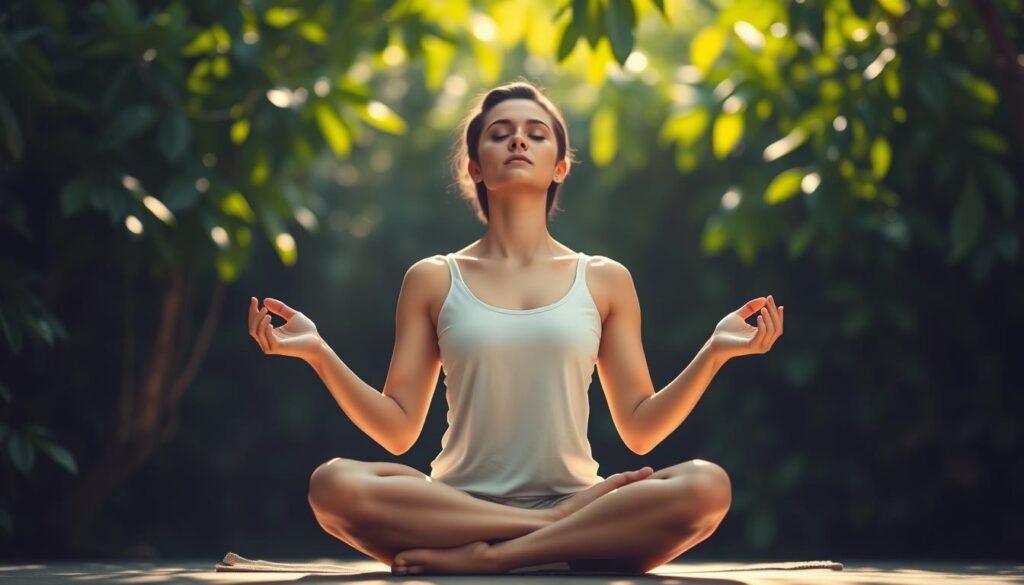 Serene figure in lotus position, eyes closed, palms upturned, radiating tranquility. Surrounded by lush greenery, gentle sunlight filters through the leaves, creating a soft, natural ambiance. The background is blurred, allowing the meditating figure to be the focal point. Warm, earthy tones predominate, conveying a sense of grounding and inner peace. The overall composition evokes a state of mindful focus, inviting the viewer to pause and reflect.
