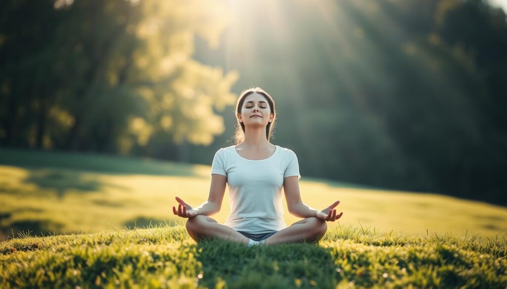 Serene landscape in soft natural light, with a person sitting in a lotus position on a grassy hill, eyes closed in deep contemplation. Their face radiates a sense of tranquility and compassion, as sunlight gently filters through the trees in the background. The scene evokes a peaceful, meditative atmosphere, encouraging the viewer to pause and reflect on the power of kindness and empathy.