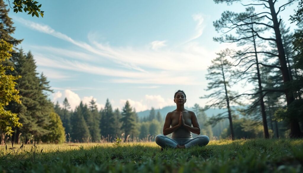Serene landscape with a person meditating in a tranquil forest clearing, surrounded by lush greenery and soft natural light. In the foreground, the meditator sits in a lotus position, eyes closed, hands resting gently on their lap, embodying a sense of inner peace and focus. In the middle ground, wispy clouds drift across a clear blue sky, mirroring the calming atmosphere. The background features towering trees, their branches swaying gently in a light breeze, creating a soothing, natural ambiance. The overall scene evokes a sense of harmony, inviting the viewer to find solace and overcome common meditation challenges.