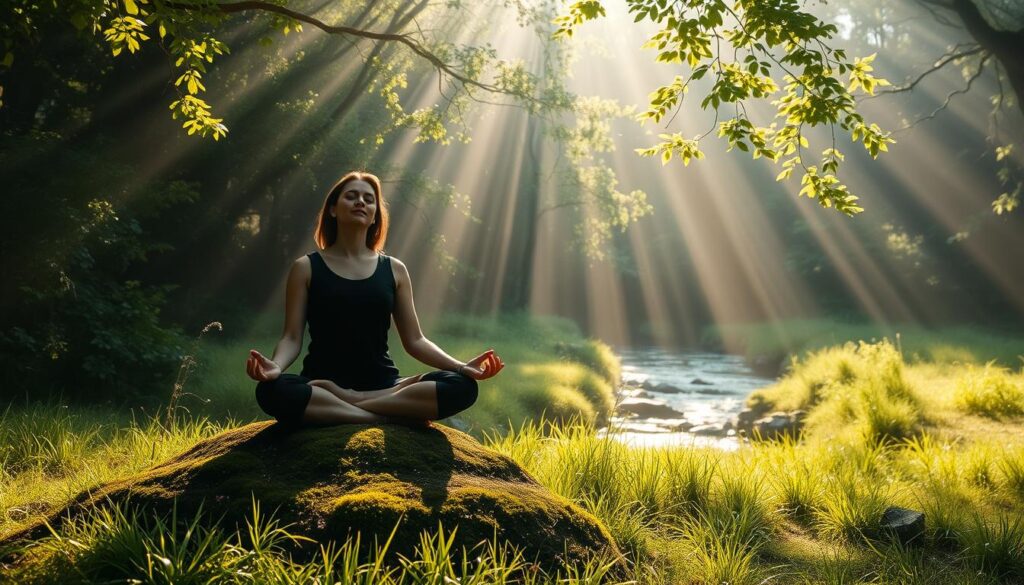 Serene meadow in soft morning light, a figure seated in lotus position on a moss-covered rock, eyes closed, face radiating tranquility. Tendrils of mist drift through the lush foliage, creating an atmosphere of profound stillness. Dappled sunlight filters through the canopy, casting a warm glow on the meditating person. In the distance, a babbling brook adds a soothing soundtrack to the contemplative scene. The overall atmosphere is one of peaceful introspection, showcasing the cognitive benefits of guided meditation.