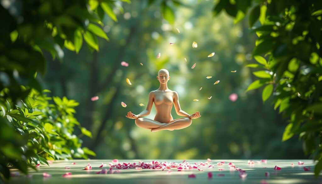 Serene meditation benefits: A tranquil scene with a peaceful, floating figure in lotus position, enveloped in a soft, natural light. Lush, verdant foliage frames the background, creating a calming, rejuvenating atmosphere. Delicate flower petals drift gently through the air, symbolizing the mental clarity and inner peace achieved through the practice of meditation. The overall composition exudes a sense of harmony, balance, and the profound mind-body connection fostered by this transformative discipline.