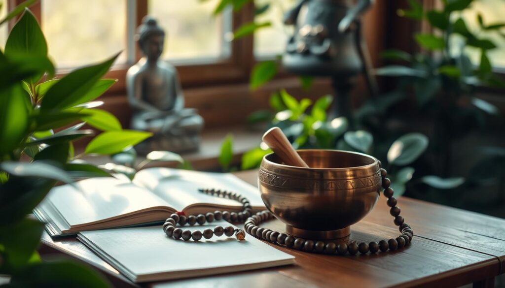Serene meditation reminders in a natural, sunlit setting. A wooden table with a Tibetan singing bowl, a mala bead necklace, and an open notebook amid lush green foliage. Soft natural light filters through the window, casting a warm, tranquil glow. In the background, a simple Buddha statue stands as a silent witness, exuding a sense of peaceful contemplation. The overall atmosphere evokes a calming, introspective mood, perfect for building a consistent meditation habit.