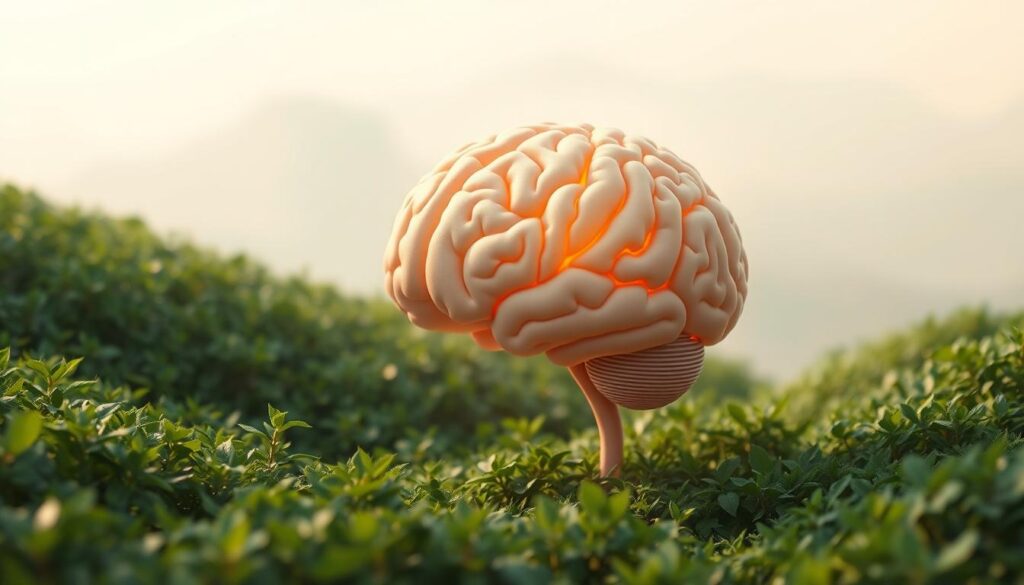 a detailed, realistic digital illustration of a human brain in a meditative state, floating in a serene, natural environment. The brain is depicted in a soft, muted color palette, with a glowing aura emanating from its surface, symbolizing the internal focus and calmness of the meditation process. The brain is nestled within a lush, verdant landscape, with a calming, hazy sky in the background, bathed in soft, natural light. The overall composition conveys a sense of tranquility, introspection, and the interconnectedness of the mind and nature.