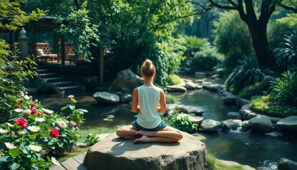 a peaceful garden setting with lush greenery, flowers, and a serene pond or stream, with a person sitting in a meditative lotus position on a natural rock or wooden platform, surrounded by natural light and a calming atmosphere, conveying the physical and mental benefits of regular meditation practice