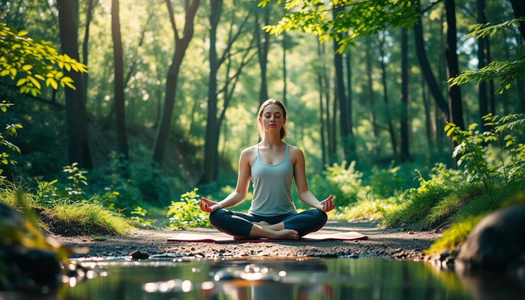 a peaceful meditation practice in a serene natural setting, with a person sitting cross-legged on a yoga mat in a sun-dappled forest clearing, surrounded by lush greenery and a calm stream or pond in the foreground, with soft natural lighting filtering through the canopy of trees above, creating a tranquil and contemplative atmosphere, the figure's eyes closed in deep focus, their expression calm and serene, conveying a sense of inner peace and mindfulness.