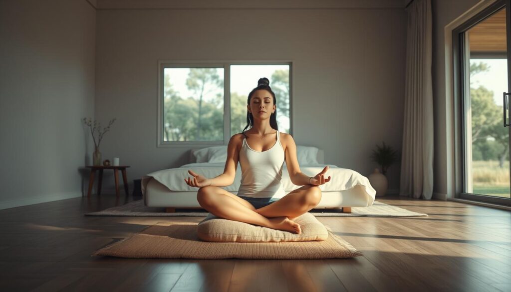a peaceful, serene scene of a person meditating in a dimly lit bedroom, surrounded by soothing natural elements. The foreground depicts a person sitting cross-legged on a comfortable meditation cushion, their eyes closed and expression calm, with soft natural light filtering in through the window behind them. The middle ground features a minimalist bedroom interior, with a low-profile bed, a small side table, and a few carefully chosen decor items like a potted plant or a candle. The background depicts a tranquil outdoor scene, with trees and a calming landscape visible through the window, creating a sense of connection to nature. The overall atmosphere is one of quiet contemplation and relaxation, with a focus on creating a space conducive to meditation and restful sleep.