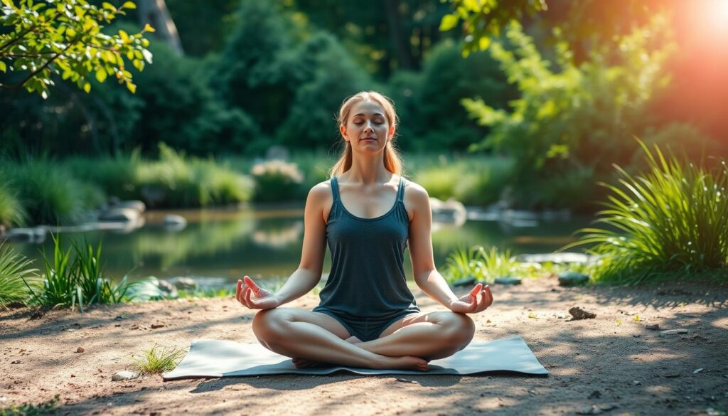a serene and tranquil meditation practice in a natural setting, with a person sitting cross-legged on a mat in a sunlit clearing surrounded by lush greenery and a serene pond or stream, with soft, diffused natural lighting illuminating the scene and creating a calming, contemplative atmosphere, the meditator's eyes closed in deep focus, their expression peaceful and centered, the background filled with the gentle sounds of nature, the whole scene conveying a sense of inner calm and a connection to the natural world