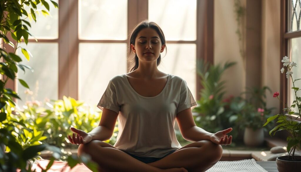 a serene and tranquil scene of a person sitting in a comfortable meditation pose, bathed in soft, natural light filtering through a window or openings in a lush, verdant garden. The subject's eyes are closed, their expression calm and focused, as they engage in a guided imagery meditation practice. The background is filled with soothing, organic textures and natural elements like plants, flowers, and gentle water features, creating a calming and immersive atmosphere. The overall composition is balanced and harmonious, conveying a sense of inner peace and contemplation.