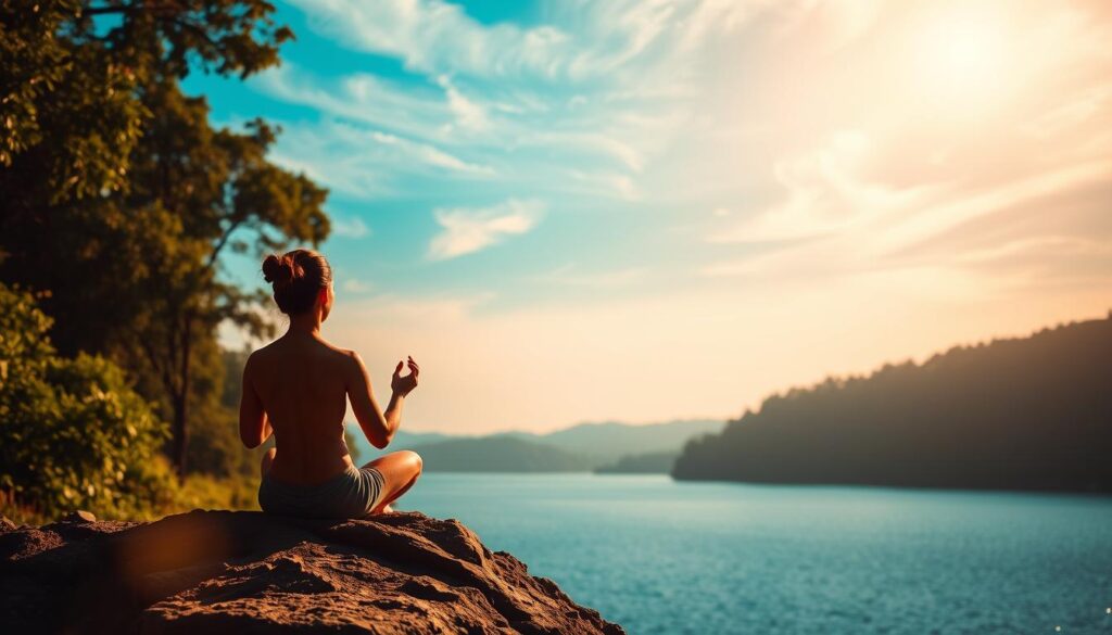 a serene and tranquil scene of a person sitting in a lotus position on a rocky outcrop, surrounded by lush greenery and a calm body of water. The figure is silhouetted against the warm, diffused lighting of the golden hour, their face obscured as they focus inwardly. Wispy clouds drift gently across a vibrant blue sky, adding to the sense of calm and peace. The overall atmosphere is one of quiet contemplation, with a sense of harmony between the person and their natural surroundings.