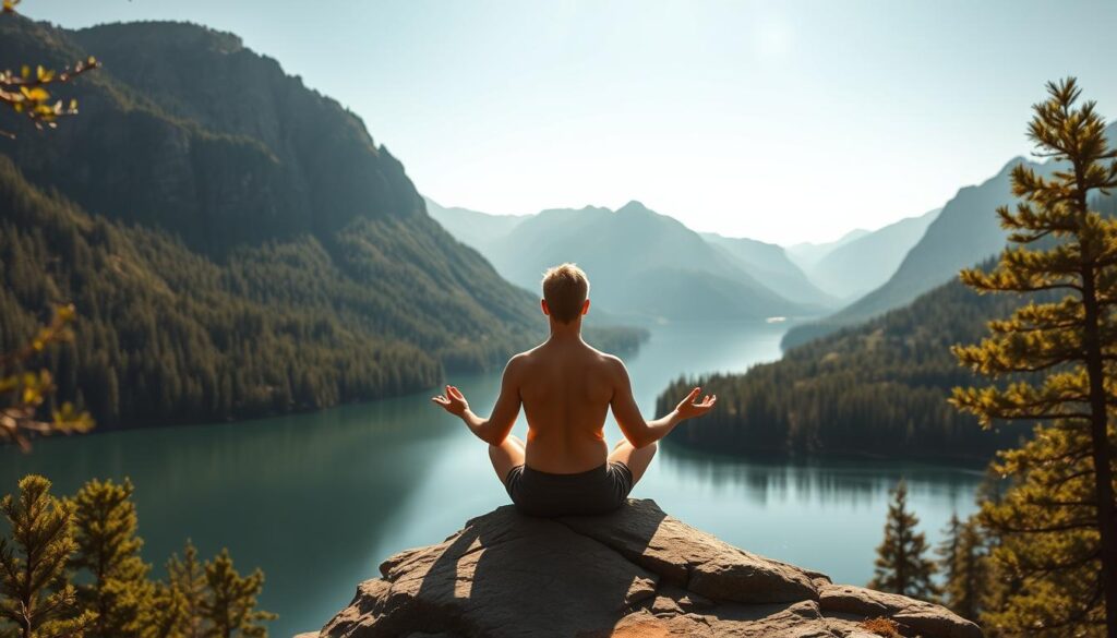 a serene landscape with a meditating figure sitting in a lotus position on a cliff overlooking a tranquil lake, surrounded by lush green trees and mountains in the background, the scene bathed in warm natural light, conveying a sense of inner peace and harmony, the figure's posture and expression reflecting deep contemplation and connection with the natural world, the overall mood and atmosphere calming and introspective