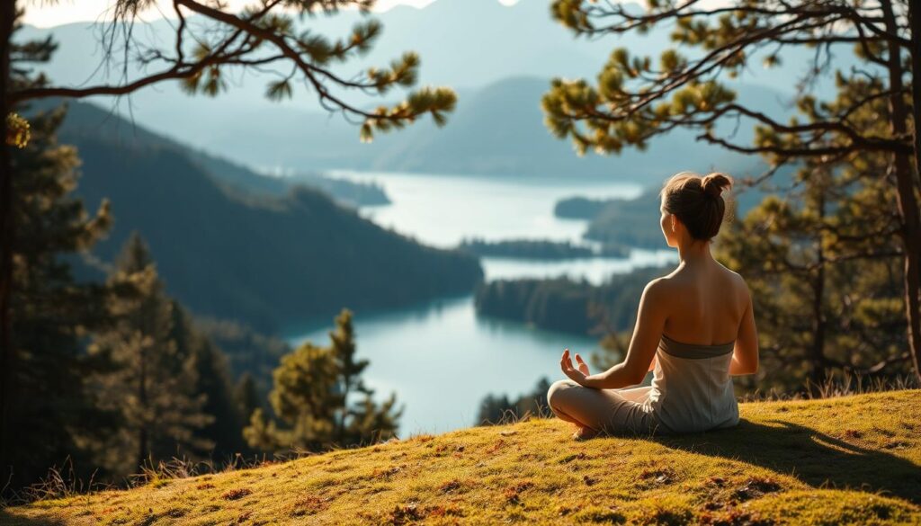 a serene meditation scene in a natural setting, with a person sitting cross-legged on a grassy hilltop overlooking a tranquil lake or river, surrounded by lush foliage and mountains in the distance. the person is in a state of deep focus, with their eyes closed and hands resting gently on their lap. the lighting is soft and natural, with warm sunlight filtering through the trees and casting a peaceful glow on the scene. the overall atmosphere is one of calm, relaxation, and mindfulness, inviting the viewer to engage in their own meditation practice.
