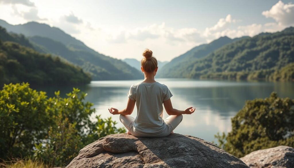 a serene, meditative landscape with a person sitting in a lotus position on a rock overlooking a tranquil lake, surrounded by lush, verdant foliage and mountains in the background. The scene is bathed in soft, natural lighting, creating a calming, peaceful atmosphere. The person's face is calm and reflective, conveying a sense of inner peace and emotional well-being. The composition emphasizes the beauty and serenity of the natural environment, and the person's connection to it, highlighting the emotional and psychological benefits of meditation.