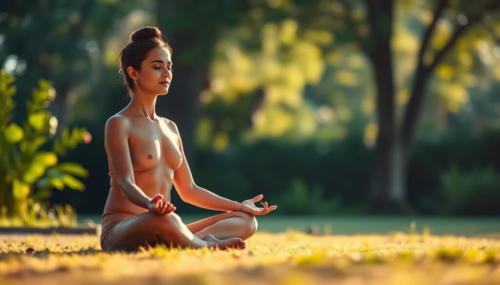 a serene, meditative scene of a person performing a body scan meditation, with a calm and focused expression, sitting cross-legged in a natural, outdoor setting with lush greenery and soft natural lighting. the figure is posed against a blurred, tranquil background, creating a sense of peaceful introspection. the lighting is warm and diffused, enhancing the calming atmosphere. the camera angle is slightly elevated, giving a serene, bird's-eye view of the meditation practice.