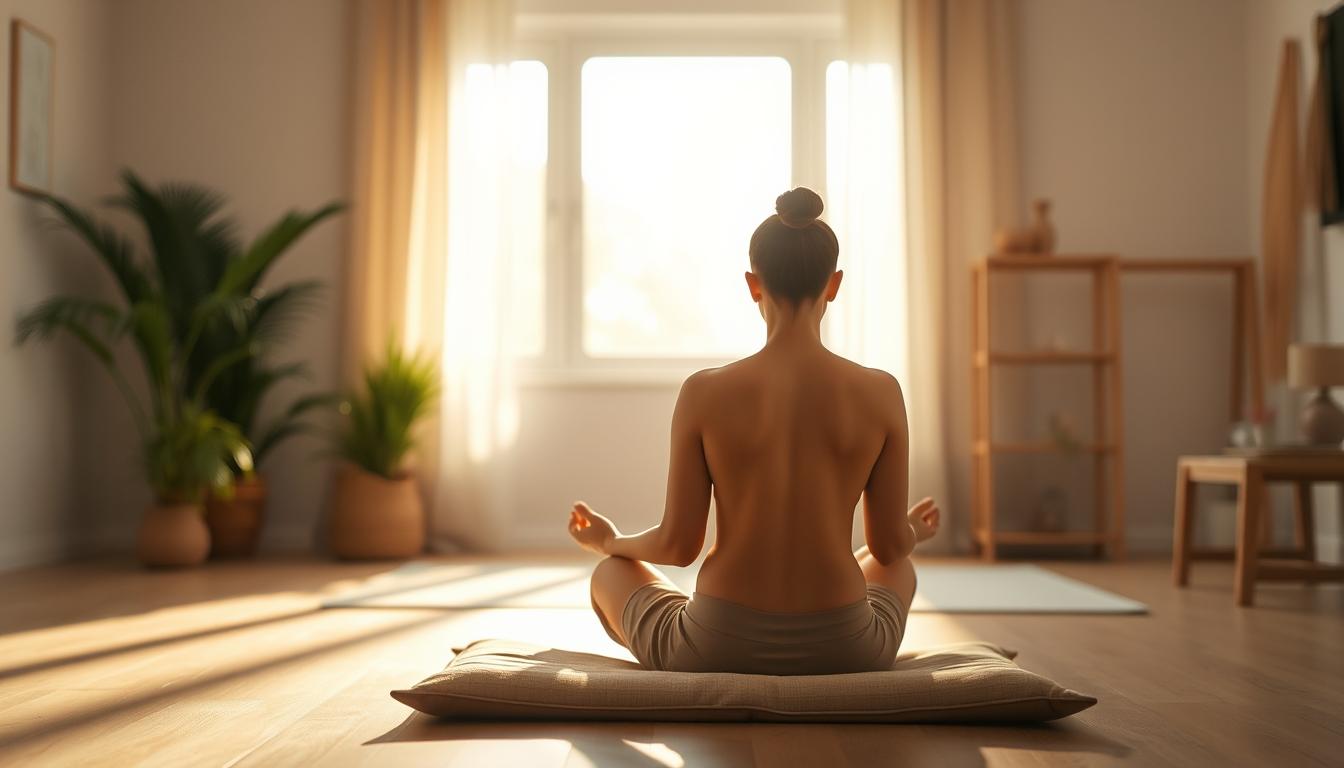 a serene scene of a person sitting in a comfortable meditation posture on a cushion in a tranquil, sunlit room with minimalist decor and natural elements like plants or wood accents. The lighting is soft and diffused, creating a calming, ambient atmosphere. The figure is facing away from the viewer, fully engaged in the practice of mindfulness meditation, with a sense of inner peace and focus. The background is blurred, placing the emphasis on the meditating person. The overall composition evokes a sense of calmness, reflection, and the benefits of mindfulness meditation.