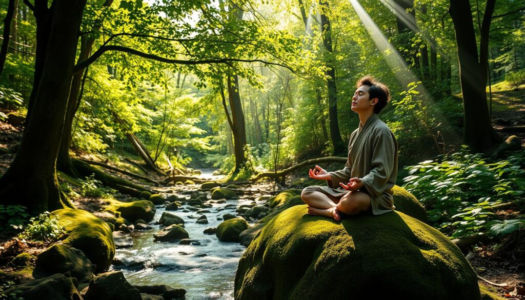 a serene, sun-dappled forest clearing, with a meditating figure seated cross-legged on a moss-covered rock, their eyes closed in deep contemplation. The scene is bathed in soft, natural light, with beams of sunlight filtering through the lush, verdant canopy above. In the background, a tranquil stream winds its way through the undergrowth, its gentle babbling creating a soothing soundtrack. The overall atmosphere is one of calm, introspection, and the powerful connection between the individual and the natural world. The subject, dressed in simple, earth-toned robes, embodies the idea of breaking free from unhealthy habits and finding balance through the practice of meditation.