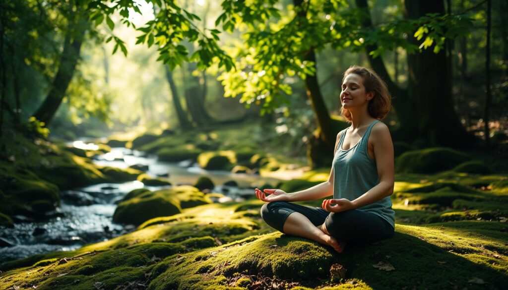 a serene, sun-dappled forest glade where a person sits cross-legged on the moss-covered ground, eyes closed, their expression peaceful and focused as they practice mindfulness meditation. The soft, diffused lighting filters through the canopy of lush, verdant leaves, creating a calming, natural atmosphere. In the background, a tranquil stream babbles gently, its soothing sounds adding to the meditative ambiance. The scene evokes a sense of inner calm and connection with the natural world.