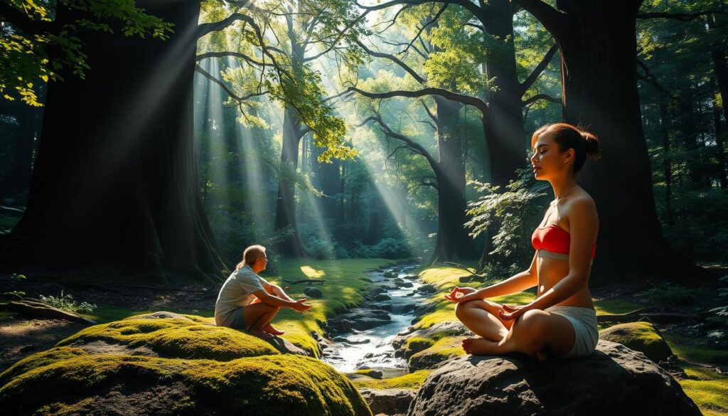 a serene, sun-dappled forest glade, with a person sitting cross-legged on a moss-covered rock, eyes closed in deep meditation. Soft beams of natural light filter through the lush, verdant canopy, casting a warm, tranquil glow over the scene. The person's expression is one of deep focus and inner peace, their shoulders relaxed and body language conveying a sense of calm and stress relief. In the middle ground, a small, babbling brook winds its way through the landscape, its soothing sounds adding to the peaceful ambiance. The background is filled with towering, ancient trees, their branches swaying gently in a light breeze. An overall feeling of serenity, harmony, and mental well-being permeates the image.