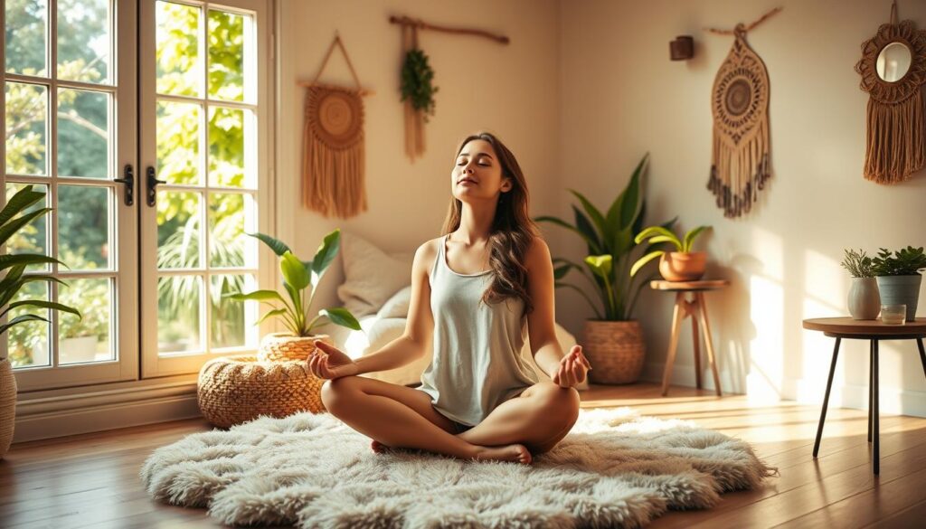a serene, sun-drenched bedroom with an open window overlooking a lush, verdant garden. In the center of the room, a young woman sits cross-legged on a soft, plush rug, her eyes closed and her expression peaceful as she meditates. Warm, natural light filters in, casting a soft glow on her face and the room around her. The walls are adorned with boho-chic decor, including woven wall hangings and potted plants. A small, wooden side table holds a calming candle and a cup of herbal tea. The atmosphere is calm, tranquil, and inviting, perfectly capturing the essence of a peaceful morning meditation.