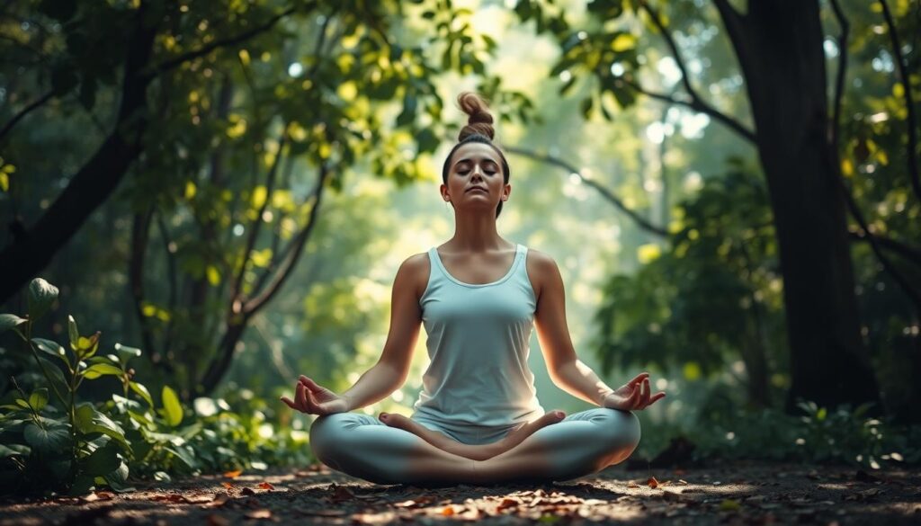 a serene, tranquil scene of a person deeply engaged in meditation, their eyes closed in a state of focused attention. The figure sits cross-legged in a peaceful natural environment, surrounded by lush foliage and soft, diffused natural lighting filtering through the canopy above. The pose and facial expression convey a sense of inner calm and mindfulness, the person's entire being absorbed in the present moment. The composition emphasizes the subject's stillness and concentration, creating an atmosphere of contemplation and mental clarity. Subtle details like the gentle breeze rustling the leaves or the dappled shadows on the ground enhance the sense of tranquility. The overall mood is one of introspection, clarity, and the mind's ability to achieve a heightened state of focus through the practice of meditation.