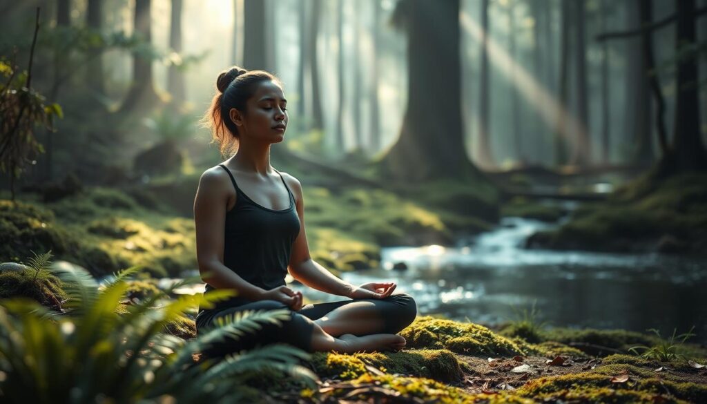 a tranquil meditation practice in a serene natural setting, bathed in soft, diffused natural light. a person sitting cross-legged on the ground, eyes closed, hands resting peacefully in their lap, surrounded by lush greenery like ferns and mosses. the background features a misty forest with tall, slender trees and a gentle stream or pond nearby, creating a calming, reflective atmosphere. the overall scene conveys a sense of inner calm, focus, and connection with the natural world.