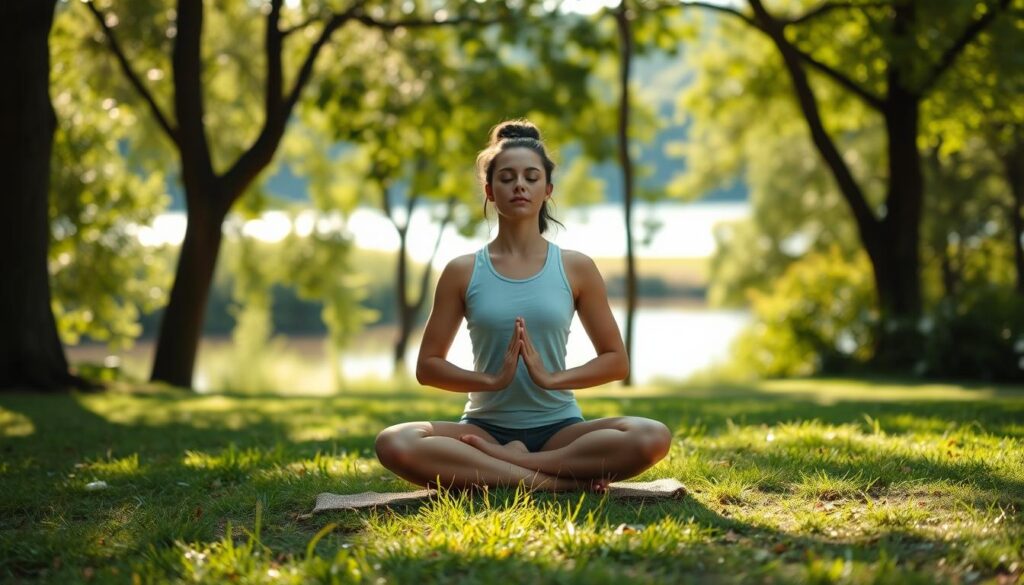 a tranquil outdoor setting with a person meditating in the foreground, surrounded by lush greenery and a serene natural landscape. soft, natural light filters through the trees, creating a calming atmosphere. the person is seated in a cross-legged position, eyes closed, hands resting gently on their lap, embodying a sense of inner peace and mindfulness. in the middle ground, there are subtle hints of a meditation cushion or mat, and perhaps a few simple mindfulness tools like a candle or incense. the background features a serene body of water, such as a lake or a gently flowing river, further enhancing the tranquil and contemplative mood. the overall scene conveys a sense of balance, harmony, and a sustainable mindfulness routine.