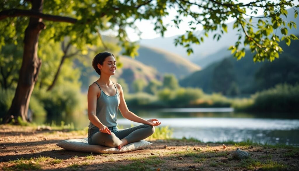 a tranquil scene of a person meditating in a peaceful natural setting, surrounded by lush greenery and soft natural light filtering through the trees. The foreground features a person sitting cross-legged on a meditation cushion, their eyes closed and their expression serene, their hands resting gently in their lap. The middle ground includes a calming body of water, perhaps a small pond or stream, reflecting the natural landscape. In the background, there are rolling hills or a mountain range, creating a sense of depth and seclusion. The overall atmosphere is one of calmness, introspection, and connection with nature, evoking the essence of meditation for beginners.