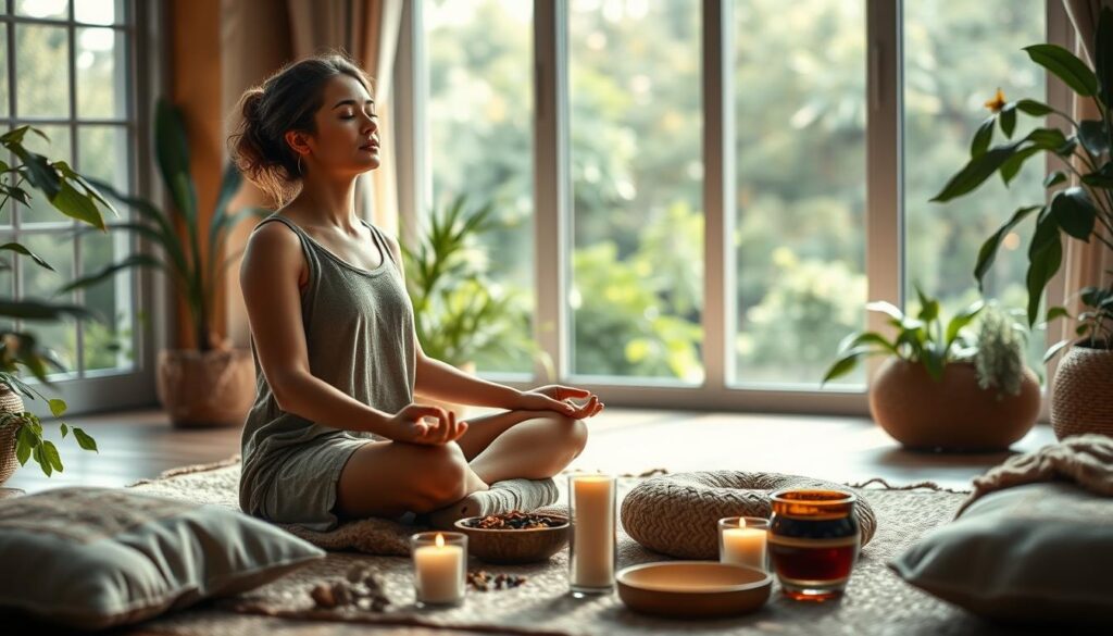 a tranquil scene of a person seated in a comfortable lotus position on a cozy rug, surrounded by lush greenery and natural light filtering through large windows. the subject has a serene expression, eyes closed in deep meditation, radiating a sense of inner peace and balance. the foreground features an assortment of meditation cushions, candles, and a cup of herbal tea, creating a cozy and inviting atmosphere. the background blends seamlessly with the natural setting, with soft, diffused lighting and a calming color palette of earthy tones. the overall composition evokes the rejuvenating benefits of a morning meditation practice in a serene, bohemian-inspired environment.