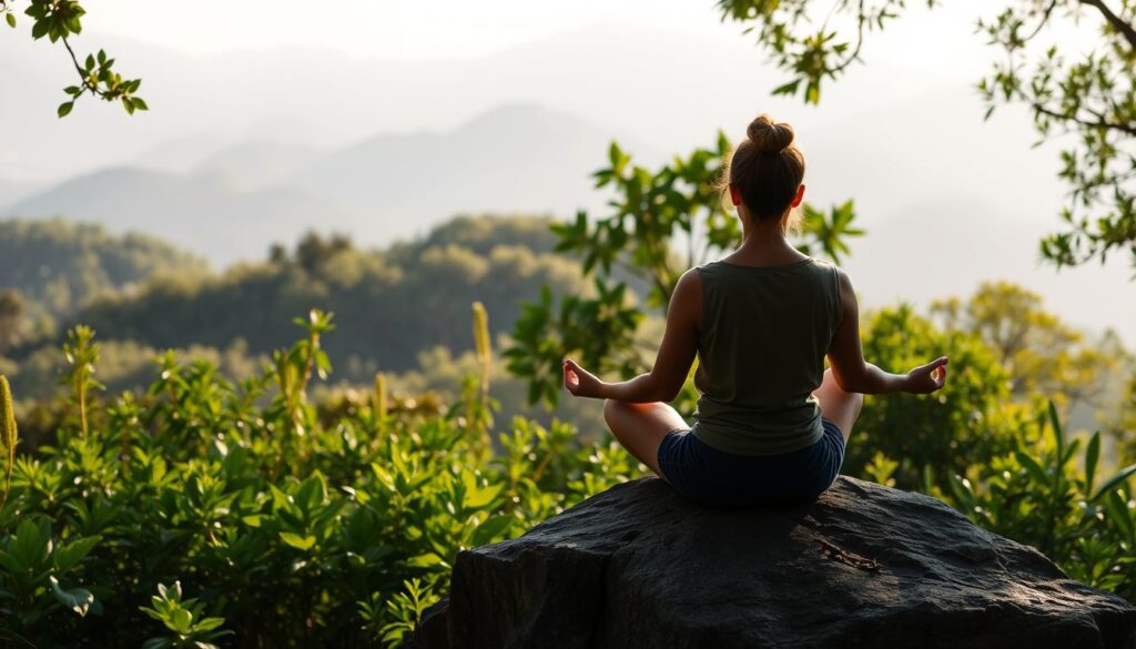 a zen-like meditation session in a serene natural setting, with a person sitting cross-legged on a rock formation in the foreground, surrounded by lush, verdant foliage in the middle ground and a distant mountainous landscape bathed in soft, natural light, conveying a sense of mindfulness, tranquility and inner peace