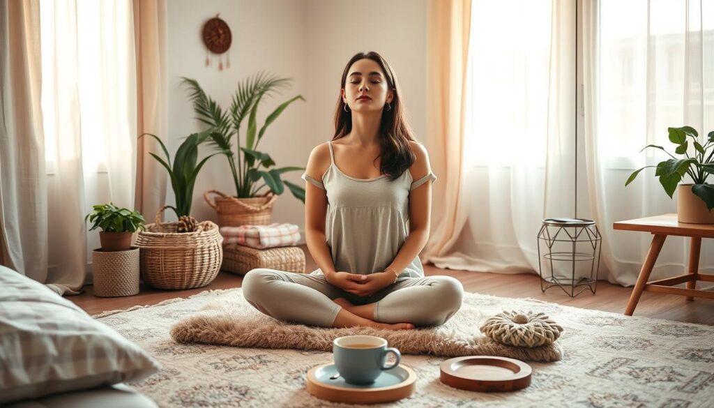 calming, natural, natural light, morning meditation in a boho bedroom. A young woman sitting cross-legged on a plush, patterned rug, eyes closed, hands resting on her knees, sunlight filtering through sheer curtains casting a warm glow. Potted plants, a wicker basket, and a wooden side table with a cup of tea in the middle ground. Soft, muted colors, natural textures, and a sense of tranquility and inner focus.