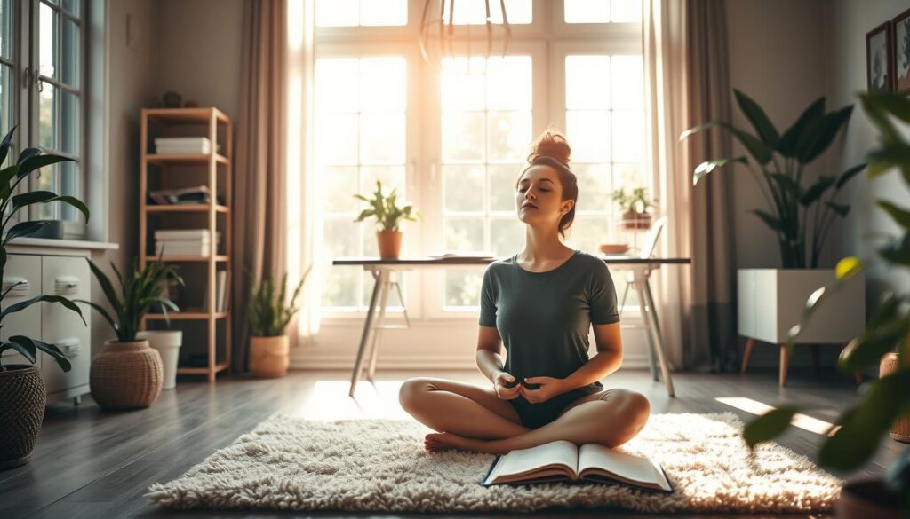 A cozy, sun-dappled office space, bathed in soft natural light filtering through large windows. In the foreground, a person sits cross-legged on a plush rug, eyes closed, hands resting gently on their lap, embodying a state of peaceful mindfulness. The middle ground features a minimalist desk with a plant, a warm mug, and a journal open, suggesting moments of focused reflection. The background reveals a serene, plant-filled environment, creating a calming, nature-inspired atmosphere conducive to mental well-being and inner focus.