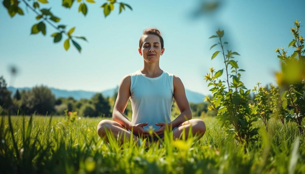 A peaceful figure sitting cross-legged in a serene meadow, surrounded by lush greenery and a clear blue sky. Soft natural light filters through the foliage, casting a gentle glow on the meditating person's face. The expression is one of deep concentration and inner calm, with hands resting gently on the lap. In the background, a distant mountain range adds a sense of scale and tranquility. The overall scene conveys a meditative state of mind, offering a calming respite from the anxieties of the world.