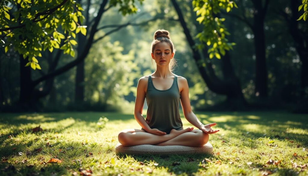 A peaceful meditation practice unfolds in a serene natural setting. A person sits cross-legged on a cozy meditation cushion, bathed in soft, natural light filtering through the canopy of lush, verdant foliage. The atmosphere is tranquil and grounding, with a sense of calm permeating the scene. The meditator's posture is relaxed yet focused, their gaze inward as they experience the present moment with mindfulness and clarity. The composition emphasizes the interconnectedness of mind, body, and environment, inviting the viewer to find their own path to a daily practice of meditation.
