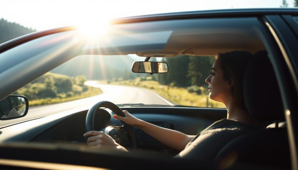 A serene driver sits behind the wheel, their gaze tranquil and focused. Sunlight streams through the windshield, casting a warm, diffused glow over the interior. The car glides smoothly down a winding country road, flanked by rolling hills and a verdant forest. The driver's hands rest lightly on the steering wheel, their movements unhurried and deliberate. An aura of mindfulness and presence permeates the scene, inviting the viewer to slow down, breathe deeply, and embrace the journey.