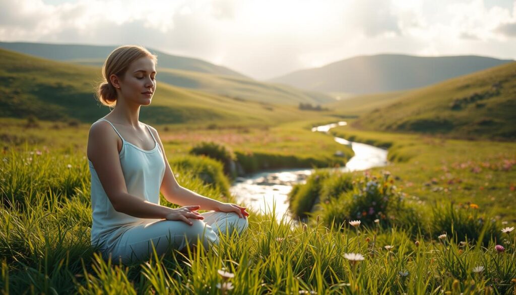 A serene figure sitting cross-legged in a lush, verdant meadow, bathed in the warm, diffused glow of natural sunlight filtering through wispy clouds. The person's expression is one of deep inner focus, their eyes gently closed as they find stillness and presence. In the middle ground, a tranquil stream winds its way through the landscape, its gentle burbling adding to the calming atmosphere. The background features rolling hills adorned with vibrant wildflowers, creating a soothing, harmonious scene that evokes a sense of emotional balance and resilience.
