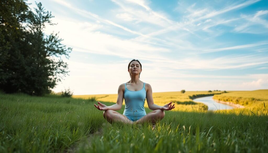 A serene figure sitting cross-legged in a tranquil meadow, surrounded by lush greenery and bathed in soft, natural light. The meditator's eyes are closed, their face etched with a peaceful expression, as they find inner calm and stillness. In the distance, a winding stream reflects the azure sky, creating a calming ambiance. Wispy clouds drift overhead, adding to the sense of tranquility. The composition is balanced, with the meditator as the focal point, inviting the viewer to join in the contemplative experience.