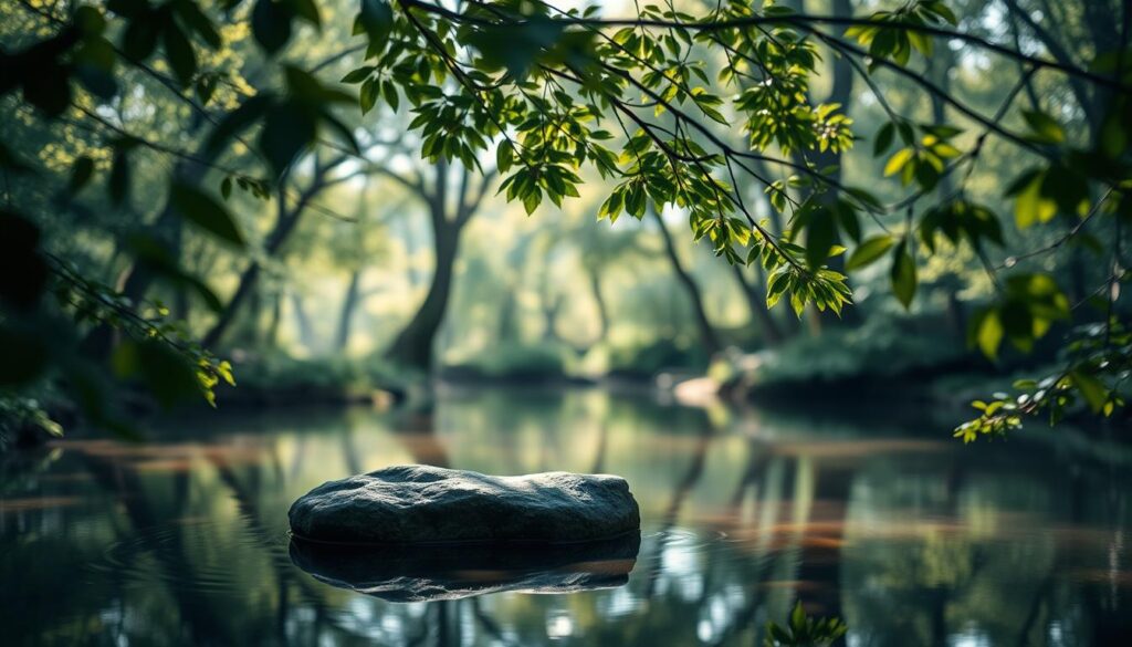 A serene forest clearing, softly illuminated by natural light filtering through the canopy above. In the foreground, a tranquil pool of water reflects the surrounding foliage, creating a mirror-like surface. Gently swaying leaves and branches frame the scene, inviting a sense of stillness and contemplation. In the middle ground, a single, smooth river stone sits atop the pool's edge, symbolizing the power of mindful pauses to interrupt habitual patterns. The background fades into a blurred, hazy landscape, emphasizing the focus on the immediate, present moment. The overall mood is one of calm, introspection, and a gentle invitation to disconnect from the autopilot of daily life.