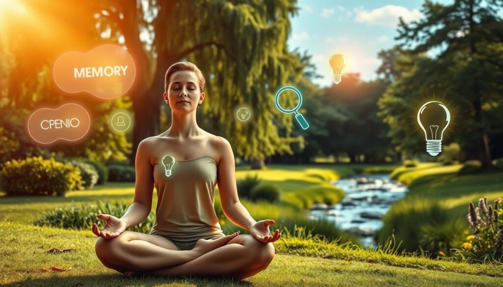 A serene meditation garden, illuminated by warm natural light. In the foreground, a person sits in a lotus position, eyes closed, hands resting gently on their lap. Their expression is one of deep focus and tranquility. In the middle ground, floating cognitive icons such as glowing memory bubbles, a magnifying glass symbolizing enhanced attention, and a shining lightbulb representing clarity of thought. The background depicts a lush, verdant landscape with towering trees, a babbling brook, and a clear, azure sky, conveying the sense of mental rejuvenation and inner peace. The overall atmosphere is calming, contemplative, and conducive to the cognitive benefits of meditation.