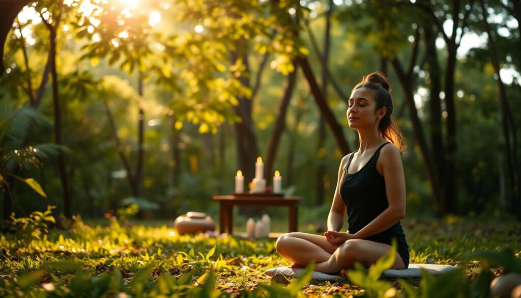 A serene meditation practice unfolds in a lush, verdant environment. Warm, natural light filters through the canopy of trees, casting a calming glow on the scene. In the foreground, a person sits cross-legged on a cushion, eyes closed, hands resting gently in their lap. Their expression is one of deep focus and inner peace. In the middle ground, a simple altar adorned with a few candles and a statue or symbol of spiritual significance anchors the space. The background is filled with the gentle movement of swaying branches and the soft, muted colors of the forest. The overall atmosphere is one of tranquility, introspection, and a deep connection with the natural world.