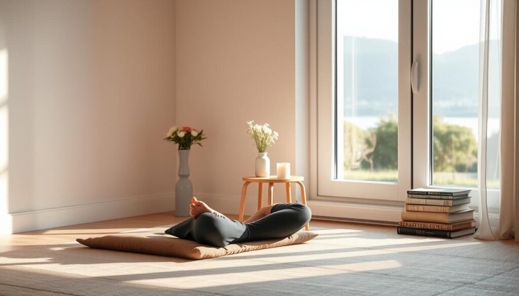 A serene morning scene, soft natural light filters through the window, illuminating a peaceful meditation space. In the foreground, a person sits cross-legged on a cushion, eyes closed, hands resting gently on their lap, their expression calm and focused. The middle ground features minimal, uncluttered decor - a small table with a lit candle, a vase of fresh flowers, and a stack of meditation books. The background showcases a tranquil outdoor landscape, perhaps a lush garden or a serene body of water, creating a sense of connection with nature. The overall atmosphere is one of quiet contemplation, simplicity, and the overcoming of common morning meditation challenges.
