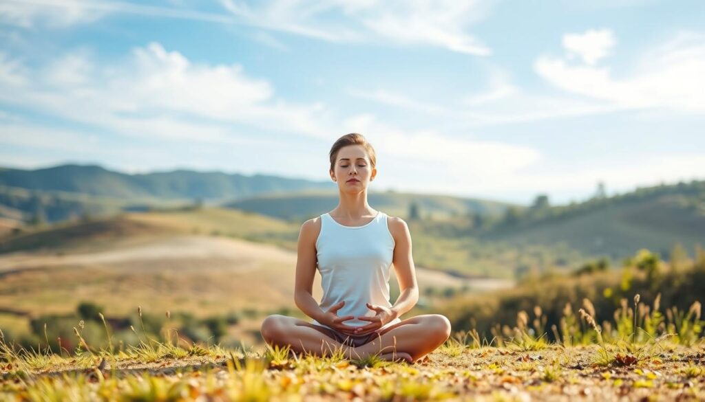 A serene, natural landscape with a meditating figure in the foreground, bathed in soft, natural light. The figure sits cross-legged, eyes closed, hands resting gently on their lap, exuding a sense of tranquility and inner peace. The background features a calming, pastoral scene with rolling hills, lush vegetation, and a clear sky with wispy clouds. The overall atmosphere evokes a sense of mindfulness, relaxation, and the mental health benefits of a regular meditation practice.