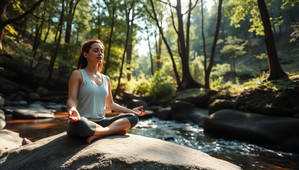 A serene outdoor scene with a person sitting in a meditative pose on a smooth rock, surrounded by a lush forest landscape. Soft, natural sunlight filters through the canopy of trees, casting a warm glow on the scene. The person's eyes are closed, their expression peaceful and focused, embodying a state of mindful presence. The background features a tranquil stream or pond, with the gentle rippling of water creating a soothing ambiance. The overall atmosphere is one of stillness, introspection, and a deep connection with the natural world.