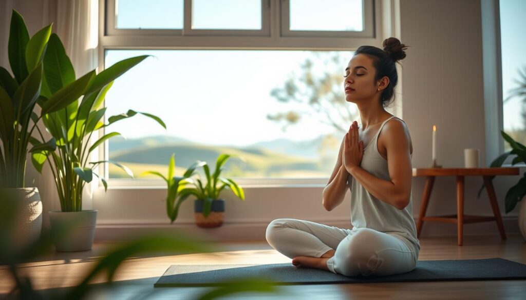 A serene scene of a person practicing mindfulness in a peaceful natural setting. The foreground depicts a person sitting cross-legged on a yoga mat, their eyes closed in meditation, hands resting gently on their lap. Soft natural light filters through a window, casting a warm glow on the scene. The middle ground features lush, verdant houseplants and a simple wooden side table with a candle flickering softly. The background showcases a tranquil outdoor landscape visible through the window, with rolling hills, a clear blue sky, and the gentle sway of trees in the breeze. The overall atmosphere is calming, introspective, and inviting, perfectly encapsulating the practice of mindfulness.