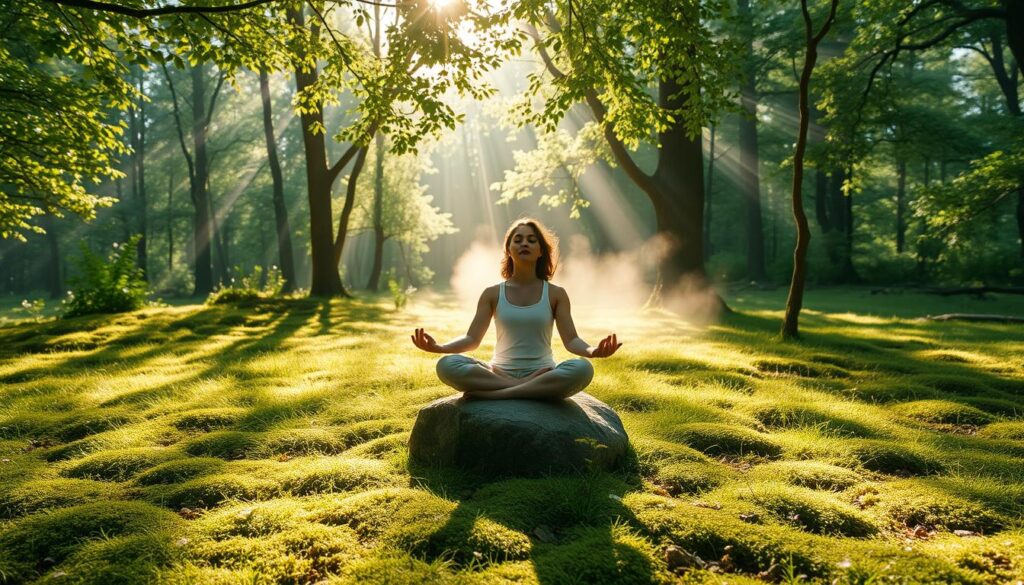 A serene, sun-dappled meadow in a tranquil forest glade. A lone meditating figure sits cross-legged on a natural stone, eyes closed, palms upturned in a state of deep contemplation. Soft, diffused natural light filters through the leafy canopy above, casting warm, gentle shadows. The ground is carpeted with lush, verdant moss and wildflowers. A subtle mist hovers in the distance, adding to the sense of calm and peacefulness. The overall mood is one of profound relaxation and inner stillness.
