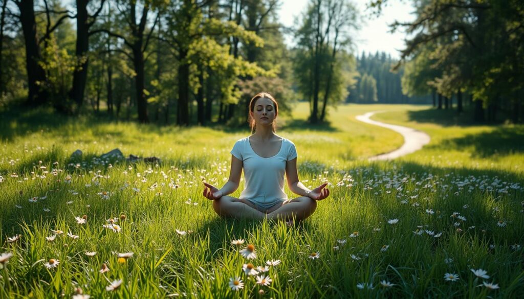 A serene, sun-dappled meadow, its lush verdant grass dotted with wildflowers. In the foreground, a person sits cross-legged, eyes closed in deep meditation, their expression tranquil and focused. Soft, natural light filters through the surrounding trees, casting a warm, contemplative glow. The middle ground reveals a subtle aura of energy surrounding the meditating figure, a visual representation of the cognitive enhancement experienced through the practice. In the distance, a winding path leads into a forest, symbolizing the journey of self-discovery and personal growth that meditation facilitates.