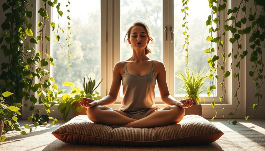 A serene, sun-dappled morning scene of a person sitting cross-legged on a plush, earthy-toned meditation cushion, eyes closed in deep contemplation. The figure is bathed in soft, diffuse natural light filtering through large windows, casting gentle shadows and highlights. Lush, verdant plants and trailing vines frame the meditative space, creating a calming, nature-inspired atmosphere. The overall mood is peaceful, introspective, and focused, inviting the viewer to join in the tranquil morning meditation ritual.