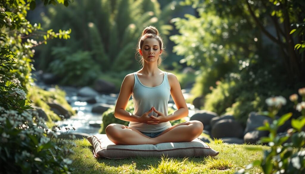 A serene, sunlit meditation garden with a person sitting cross-legged on a cushion, eyes closed, hands resting gently on their lap. Soft, diffused lighting illuminates their face, creating a sense of tranquility and inner focus. Lush, verdant foliage surrounds the meditator, with delicate flowers and a gently flowing stream in the background, conveying a calming, natural atmosphere that helps alleviate the symptoms of depression.